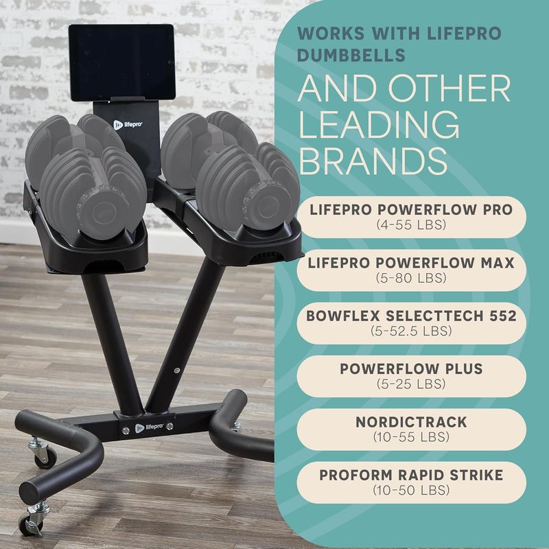 LifePro حامل دمبل قابل للتعديل مع عجلات وحامل هاتف/جهاز لوحي - متوافق مع PowerFlow Plus و PowerUp Plus وعلامات تجارية أخرى - حامل دمبل ذكي يوفر المساحة لصالة الألعاب الرياضية المنزلية - Image 3